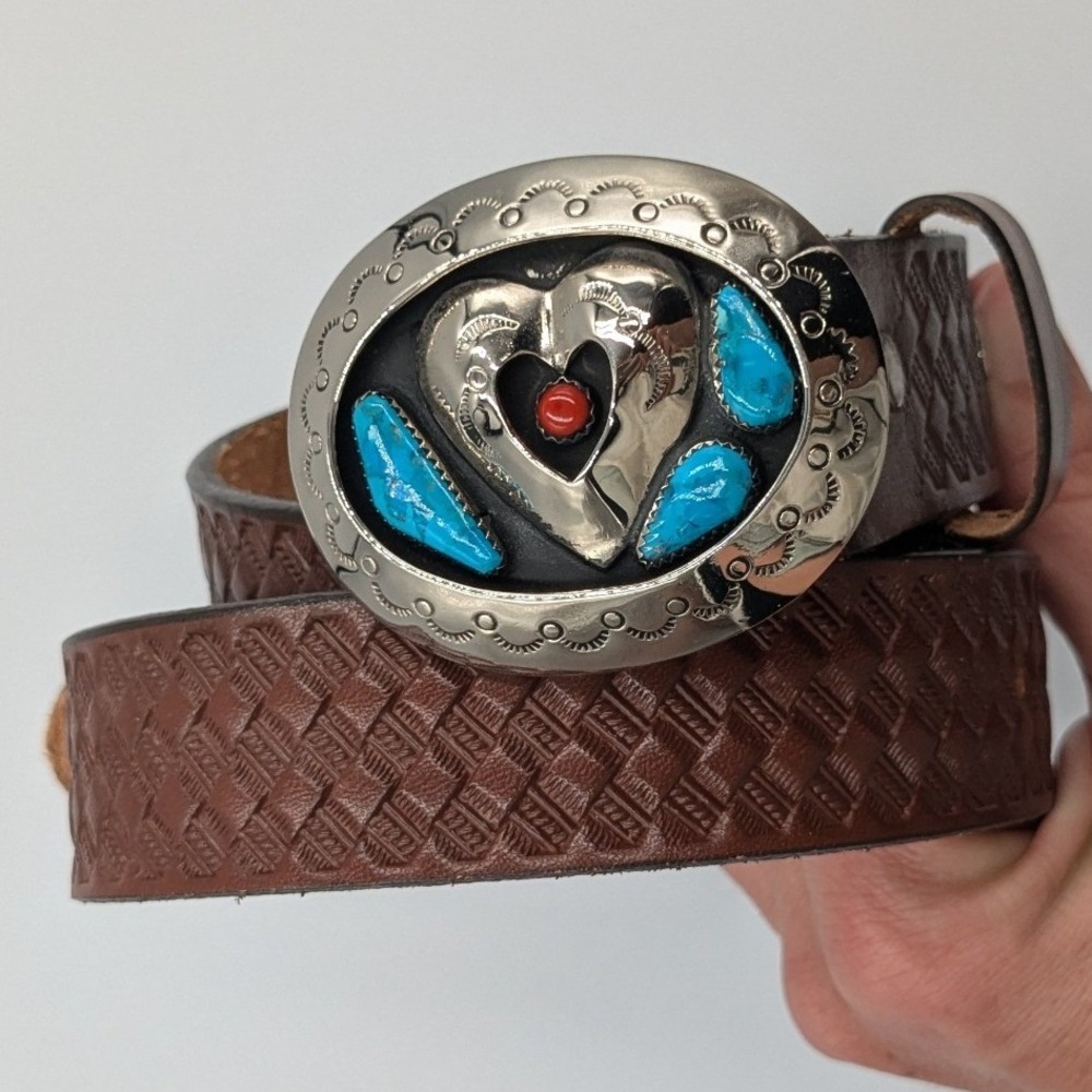 Western Boho Brown Leather Basketweave Belt Heart Turquoise Buckle 32 8016